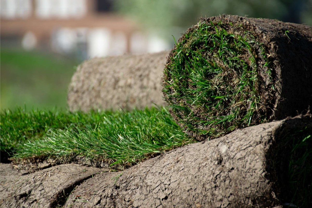 Stapel vers gestoken graszoden klaar om gelegd te worden in een geëgaliseerde tuin