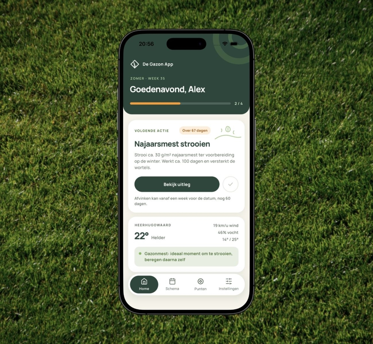 Het bemestingsschema in de Gazon App met de volgende strooibeurt en de datum