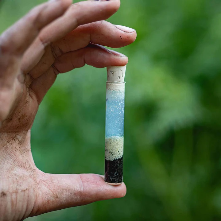 pH-bodemtest voor het gazon met reageerbuisje en grondmonster 
